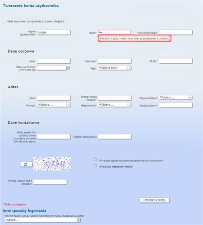 6 Rys. 4. Pola błędne/nieuzupełnione, zaznaczone kolorem czerwonym Jeżeli wszystkie dane zostaną poprawnie wypełnione, pojawi się informacja o poprawnym założeniu konta. Rys. 5.