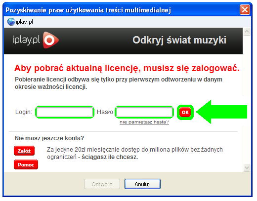 wybierz i zatwierdź Windows Media Player. 2. Po wykonaniu powyższego pojawi się okno do zalogowania się.