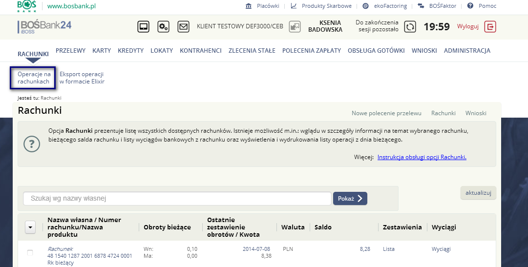 1. Wyszukiwanie operacji na zestawieniach obrotów dziennych W systemie BOŚBank24 iboss w opcji Rachunki->Operacje na rachunkach znajdują się opcje umożliwiające wyszukiwanie, prezentację oraz wydruk