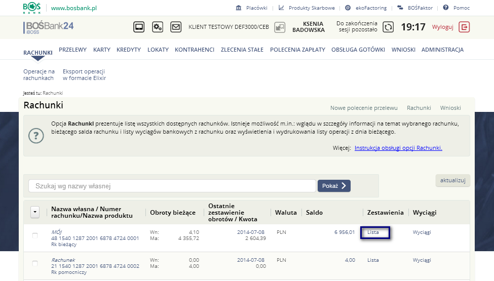 Alternatywnym sposobem, aby pobrać listę zagregowanych płatności jest lista operacji, ale bez oznaczenia checkboxu: Z rachunków wirtualnych.