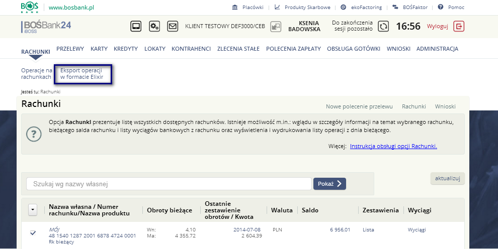 3. Eksport do pliku operacji z wybranych rachunków W systemie BOŚBank24 iboss w opcji Eksport do pliku operacji z wybranych rachunków istnieje możliwość wygenerowania pliku w formacie Elixir,