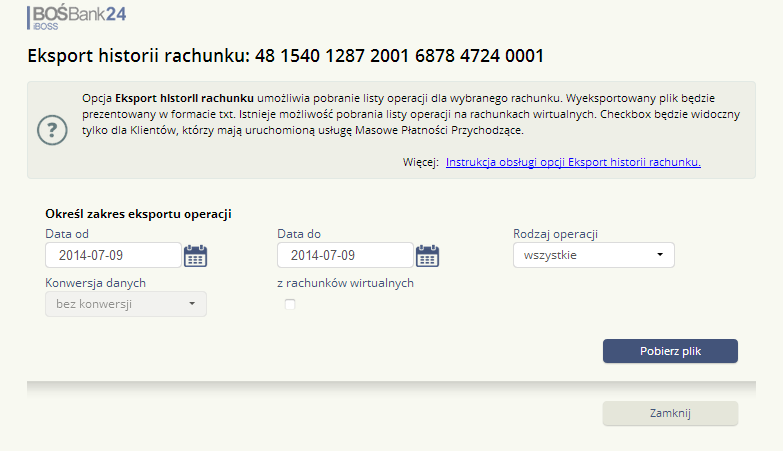 Po wejściu w opcję Eksport historii rachunku pojawia się ekran, na którym należy określić okres czasu, za który ma być wygenerowany plik zawierający informację o płatnościach masowych.