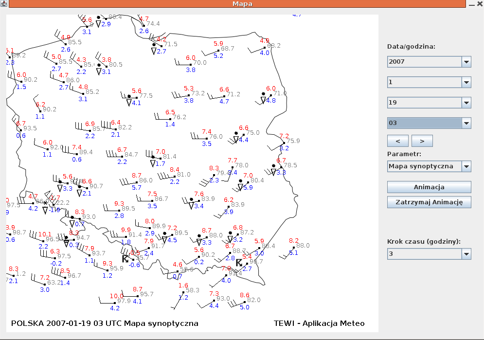 Ostatnia opcja umożliwia rysowanie map synoptycznych z chorągiewkami wiatrowymi i symbolami zachodzących zjawisk pogodowych. Na poniższym obrazku widzimy ponownie sytuację z Orkanu Kyrill.