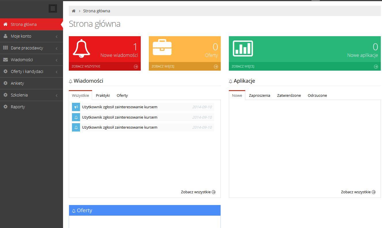 Z prawej strony u góry znajduje się panel informacyjny wiadomości, aplikacje do ofert oraz informacja o zalogowanym użytkowniku.