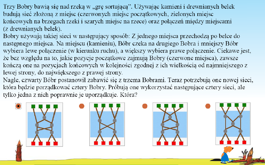 3 Należy: zaproponować mniej lub bardziej efektywny projekt sieci sortującej dla pięciu liczb. zrealizować projekt na...podłodze (używając taśmy maskującej). 4.