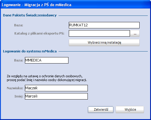 Nazwa bazy danych Pakietu Świadczeniodawcy uzupełnia się automatycznie, na podstawie informacji odczytanych z zainstalowanego na komputerze systemu.