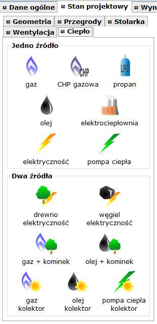 Program umożliwia wybór nośnika energii z dwóch grup ikonek reprezentujących źródła ciepła na ogrzewanie i ciepłą wodę użytkową.