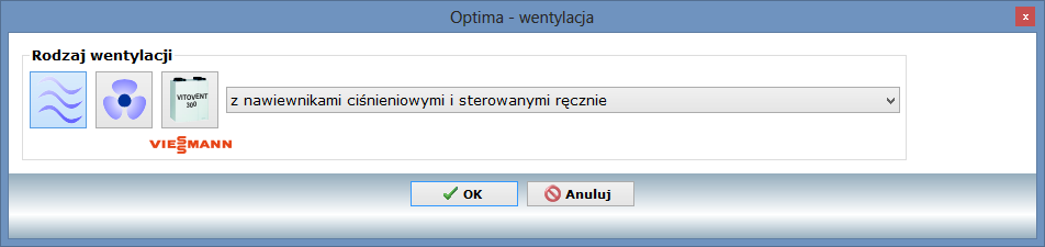 W omawianym przykładzie wybrano wentylację naturalną realizowaną przez nawiewniki okienne ciśnieniowe sterowane ręcznie.