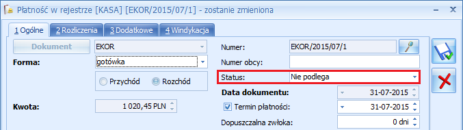 2.9 Preliminarz płatności W module Kasa/Bank status płatności wypłaty korygującej domyślne jest ustawiony na Nie podlega rozliczeniu, ponieważ w tej wypłacie zalecamy kopiowanie płatności z wypłaty