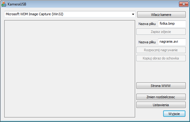 Rysunek 1. Interfejs okna głównego programu KameraUSB Z uwagi na ograniczoną podczas laboratorium ilość czasu, nie zdecydowałem się na pisanie oddzielnej klasy do obsługi kamery USB.