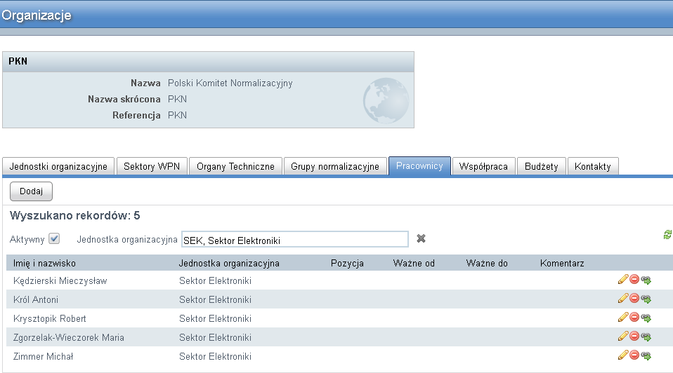4.1.4. Zarządzanie kontaktami PKN Rysunek 2: Zarządzanie pracownikami PKN Do zarządzania kontaktami PKN służy zakładka Kontakty w widoku modułu PKN. Dodawanie, edycja, usuwanie itp.