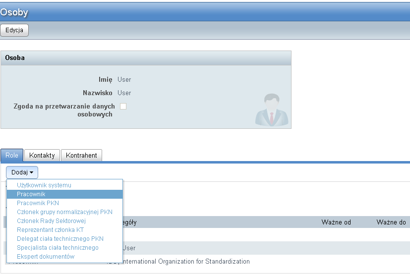 4.2.4.2. Edytowanie roli Rysunek 4: Dodawanie roli osobie W zakładce Role widoczne są wszystkie role, jakie zostały przypisane danej osobie.