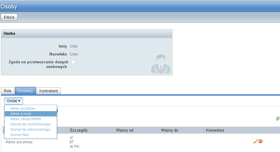 4.2.5.2. Edytowanie kontaktów Rysunek 5: Dodawanie kontaktów do osoby W zakładce Kontakty widoczne są wszystkie kontakty, jakie zostały przypisane danej osobie.