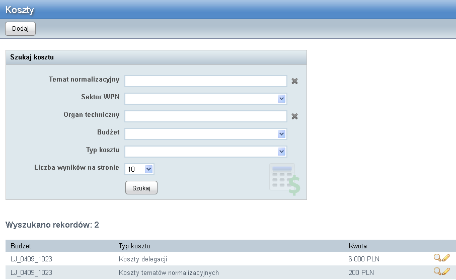Rysunek 24: Wyszukiwanie kosztów 5.6.3. Dodawanie kosztów Dodawanie kosztów do budżetu jest możliwe jeżeli w budżecie zostały wcześniej przydzielone pozycje kosztowe.