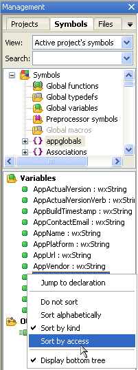 Symbols view Global functions lista funkcji globalnych Global typedefs lista typów zdefiniowanych przez użytkownika.