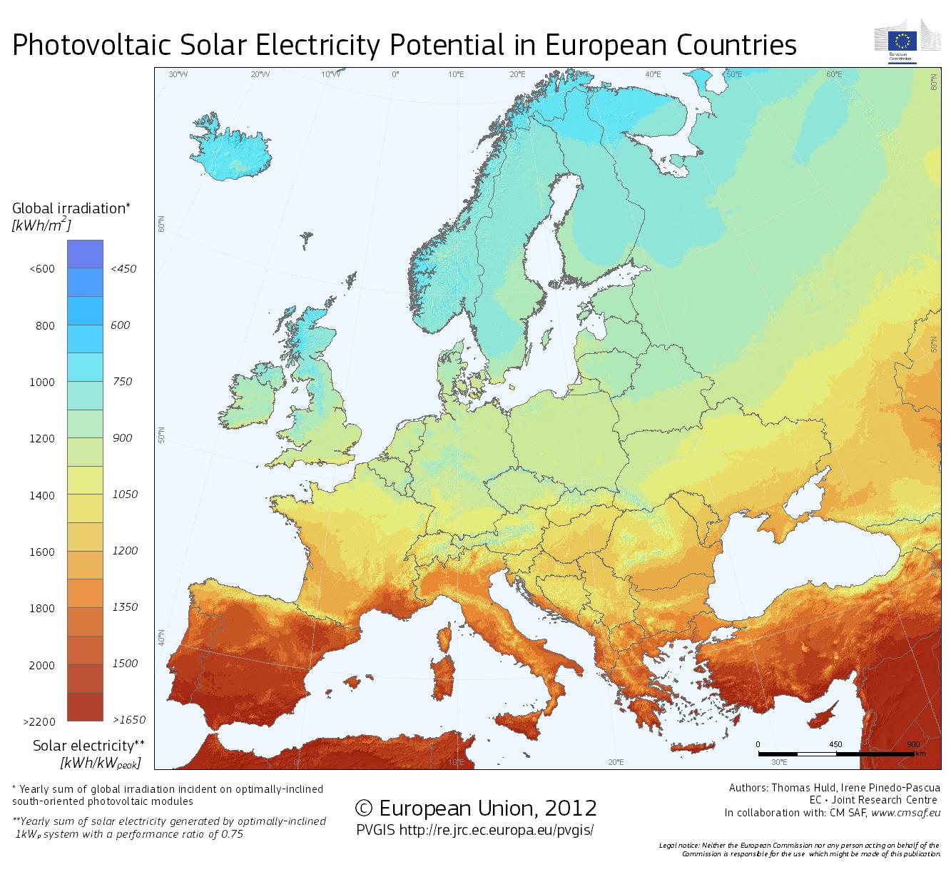 Potencjał wykorzystania energii słonecznej w krajach europejskich W Europie na 1 m 2 przypada średnio od 600 kwh do 2000 kwh.