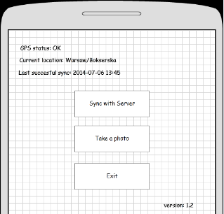 Przykładowy wygląd ekranu startowego : Tłumaczenie: GPS status Stan GPS Current location Lokalizacja Last successful sync: - Ostatnia udana synchronizacja Sync with Server Synchronizuj dane z