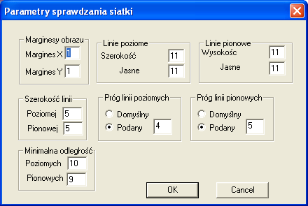 obraz prostok tnej siatki wykonany przy dokªadnie prostopadªym ustawieniu osi kamery wzgl dem pªaszczyzny siatki, wspóªrz dne obrazowe punktu rzutowania osi optycznej, wyznaczone wcze±niej dla