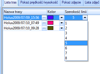 2. Omówienie menu (lista tras, pokaż prędkośd/wysokośd, pokaż zdjęcie, lista zdjęd, lista media). 2.1. Lista tras. Osobne trasy są na mapie zaznaczone innym kolorem.