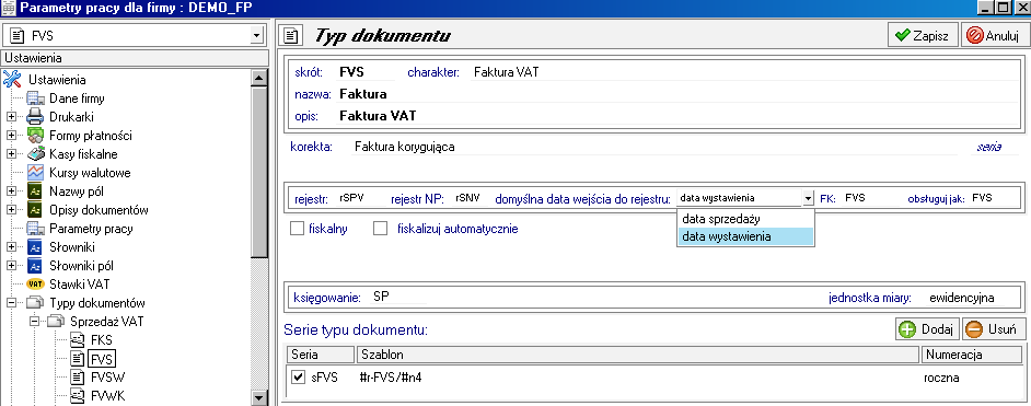 Zmiana momentu powstania obowiązku podatkowego Zmiana momentu powstania obowiązku podatkowego odzwierciedlona jest w programie w ustawieniach parametru Domyślna data wejścia do rejestru oraz w