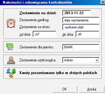 Parametry wykresów Wykonywanie zestawień domyślnie poprzedzane jest wyświetleniem okna dialogowego z wyborem parametrów określających zakres danych wykorzystywanych przez wykres.