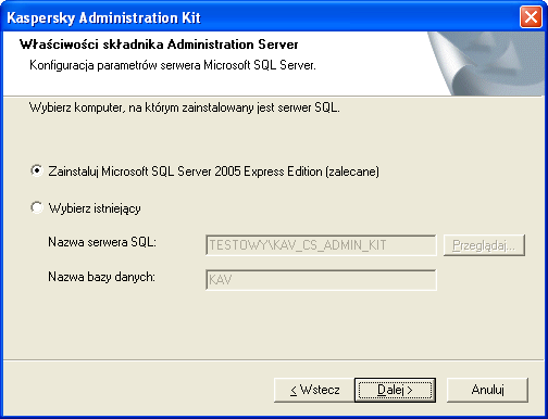 Jeżeli w sieci nie został jeszcze zainstalowany żaden serwer SQL, wybierz opcję Zainstaluj Microsoft SQL Server 2005 Express Edition.