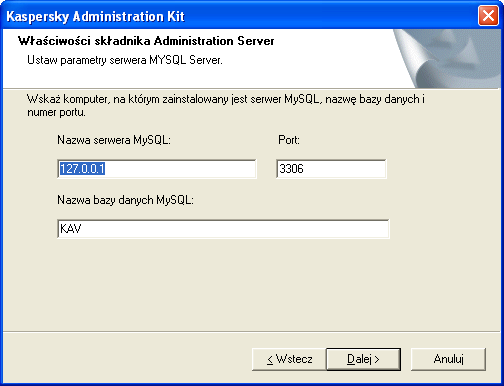 Jeśli w poprzednim kroku kreatora wybrano serwer MySQL Enterprise, w tym oknie (zobacz poniższy rysunek), w polu Nazwa serwera MySQL należy określić jego nazwę (domyślnie system używa adresu IP