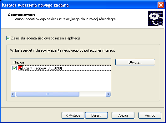 W celu utworzenia nowego pakietu instalacyjnego agenta sieciowego kliknij przycisk Utwórz. Zostanie uruchomiony odpowiedni kreator (patrz sekcja "Tworzenie pakietu instalacyjnego" na stronie 70).