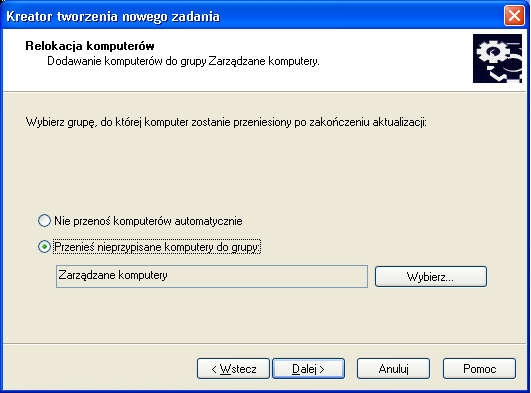 Przenieś nieprzypisane komputery do grupy po zainstalowaniu aplikacji komputery klienckie znajdujące się w folderze Nieprzypisane komputery zostaną dodane do grupy określonej w odpowiednim polu.