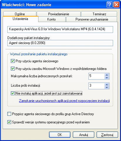 liczbę prób instalacji programu (w przypadku uruchamiania zadania zgodnie z terminarzem); czy aplikacja ma być instalowana na komputerze klienckim, jeśli jest już na nim zainstalowana; czy przed