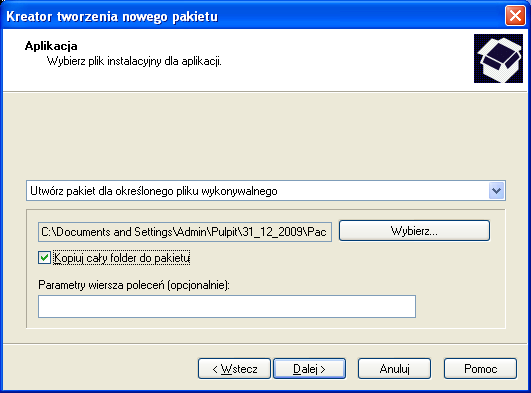 z listy rozwijalnej wybierz: Utwórz pakiet instalacyjny dla określonego pliku wykonywalnego; kliknij przycisk Wybierz, aby określić ścieżkę dostępu do pakietu dystrybucyjnego aplikacji; zaznacz pole