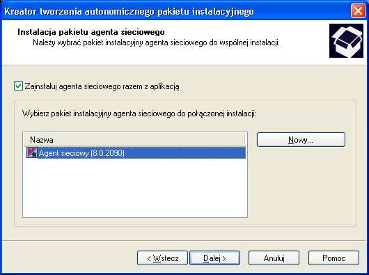 Aby utworzyć nowy pakiet instalacyjny (patrz sekcja "Tworzenie pakietu instalacyjnego" na stronie 70), kliknij przycisk Nowy. Rysunek 65. Wybieranie pakietu instalacyjnego agenta sieciowego KROK 4.