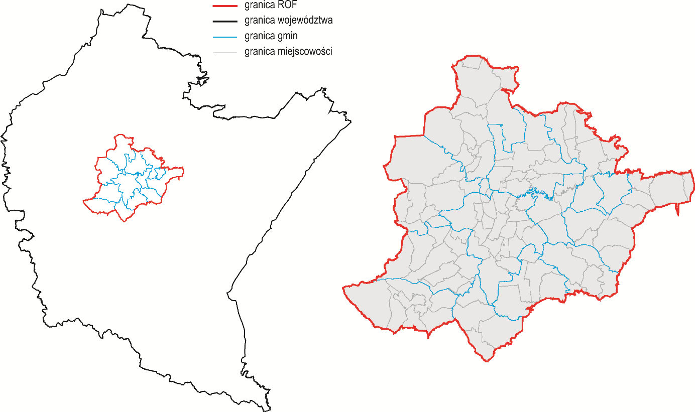 Rys. 1. Podział administracyjny Rzeszowskiego Obszaru na powiaty i gminy w 2014 r. obszar badań w skali regionalnej, subregionalnej i lokalnej.