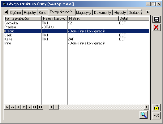 Rys. 13.1 Parametry dotyczące sprzedaŝy detalicznej na centrum struktury firmy (z poziomu struktury praw). 13.4.1.2 Konfiguracja form płatności Konfiguracja form płatności dla detalu odbywa się na zakładce: Formy płatności.