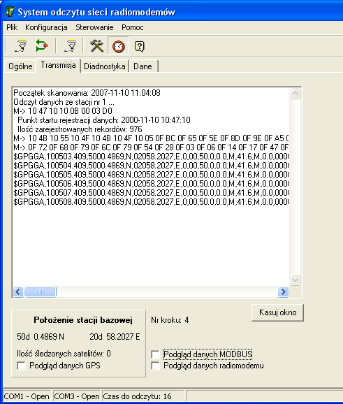 Modbus mihdzy komputerem, a radiomodemem bazowym oraz danych