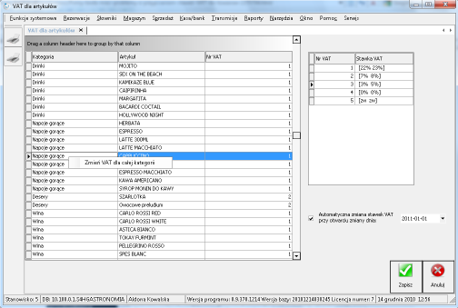 3. Umieszczenie funkcji przypisania stawek VAT w menu programu. Po uruchomieniu ekranu funkcji w tabeli z lewej strony pokazane zostaną artykuły wraz z przypisanymi stawkami podatku.