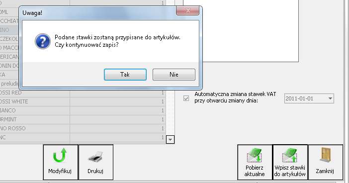 5. Ekran VAT w artykułach uruchomienie funkcji wpisania stawek do artykułów Aby podczas zmiany stawek VAT (przełom roku) operator nie musiał uruchamiać programu S4H CHEF celem przypisania nowych