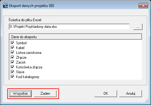 A.10.3. EKSPORT PRZEKROJU ŻYŁY KABLA LUB PINA ZŁĄCZA Przekroje żyły kabla lub pinów są automatycznie eksportowane do arkusza Excel.