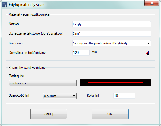 CADprofi Architectural: Rysowanie ścian Edycja typów warstw ścian CADprofi umożliwia definiowanie przez użytkownika nowych typów ścian oraz ich edycję.
