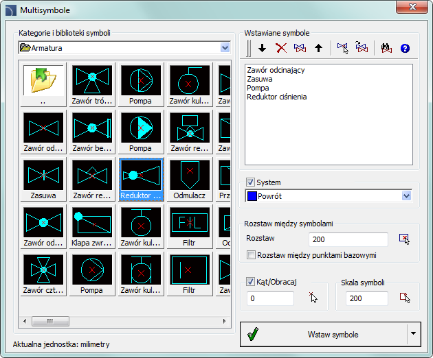 CADprofi HVAC & Piping: Multisymbole Multisymbole Polecenie Multisymbole oraz Wentylacja Multisymbole umożliwia wstawienie w jednym ciągu wielu symboli.