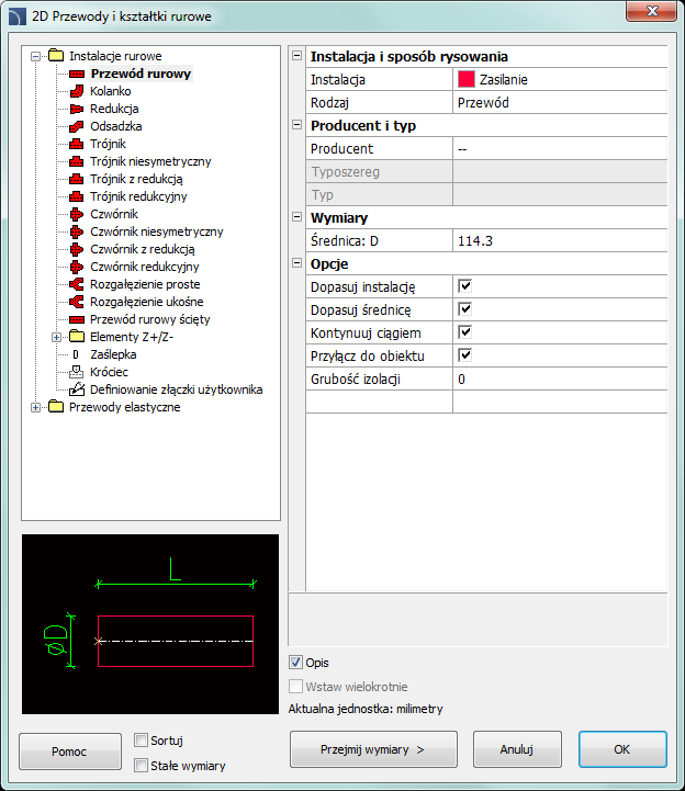 CADprofi HVAC & Piping: 2D Przewody i kształtki Okno dialogowe 2D Przewody i kształtki rurowe Okno dialogowe 2D Przewody rurowe/kanały wentylacyjne zawiera: Drzewo kategorii zawiera listę dostępnych