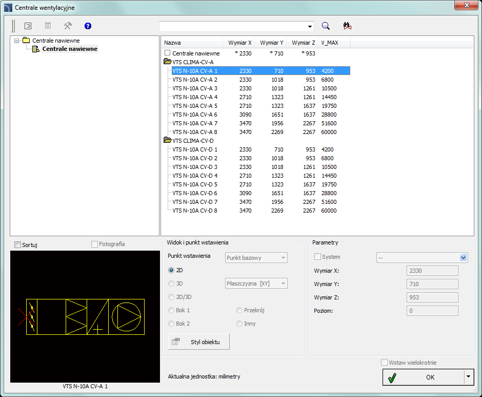 CADprofi HVAC & Piping: Centrale wentylacyjne Centrale wentylacyjne Polecenie Centrale wentylacyjne umożliwia wstawianie central nawiewnych w widoku 2D.