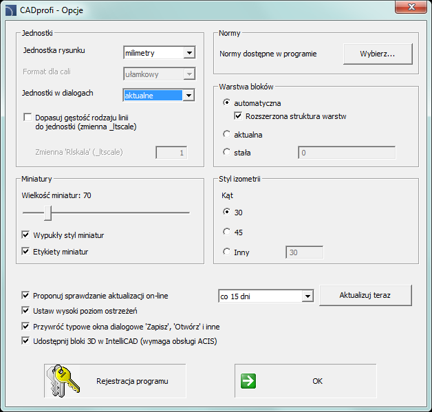 CADprofi Polecenia ogólne: Opcje programu CADprofi Opcje programu CADprofi Polecenie CADprofi Opcje pozwala określić podstawowe parametry pracy programu.