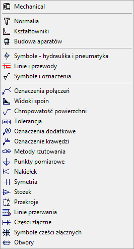 CADprofi Mechanical: Menu i paski narzędzi modułu CADprofi Mechanical Menu i paski narzędzi modułu CADprofi Mechanical Polecenia modułu CADprofi Mechanical Pasek narzędzi CADprofi Mechanika Menu