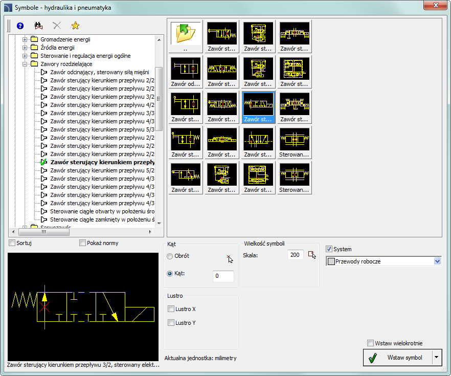 CADprofi Mechanical: Symbole hydraulika i pneumatyka Okno dialogowe Symbole hydraulika i pneumatyka Widok miniatur wyświetla zawartość aktualnie wskazanej kategorii w postaci miniatur.