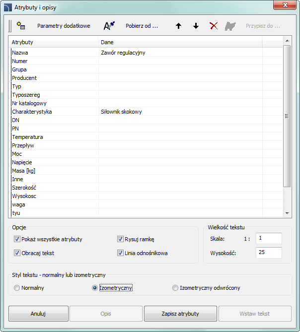 CADprofi Polecenia ogólne: Atrybuty i opisy Atrybuty i opisy Podczas wstawiania symboli i obiektów program CADprofi dodaje do nich opisy, parametry techniczne itp.