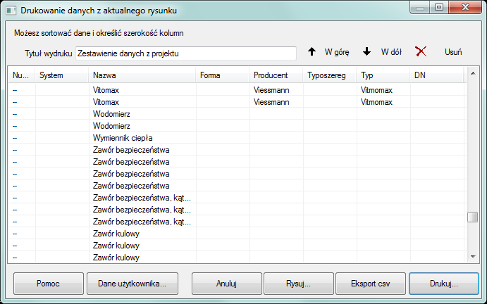 CADprofi Polecenia ogólne: Zestawienia Aby określić szerokość kolumn należy ustawić kursor między kolumnami (w nagłówku).