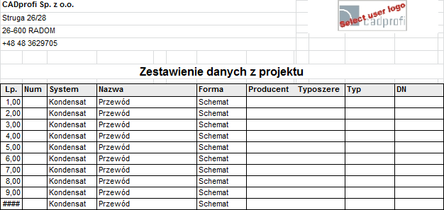 CADprofi Polecenia ogólne: Zestawienia 9. W otwartym oknie Opcje druku w karcie Medium eksportu rozwiń listę Bezpośrednio do i wybierz Format Microsoft Excel. 10.