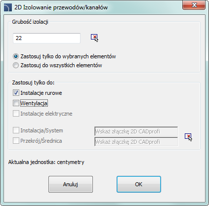 CADprofi Polecenia ogólne: CADprofi Edycja 2D Izolowanie przewodów/kanałów Polecenie 2D Izolowanie przewodów/kanałów pozwala na izolowanie przewodów.