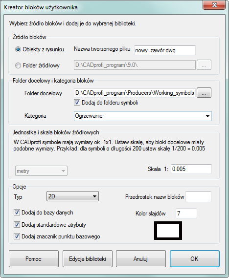 CADprofi Polecenia ogólne: Rozszerzanie zawartości programu Kreator bloków użytkownika Każda biblioteka w CADprofi składa się z bloków CAD oraz bazy danych, w której są zdefiniowane nazwy i inne